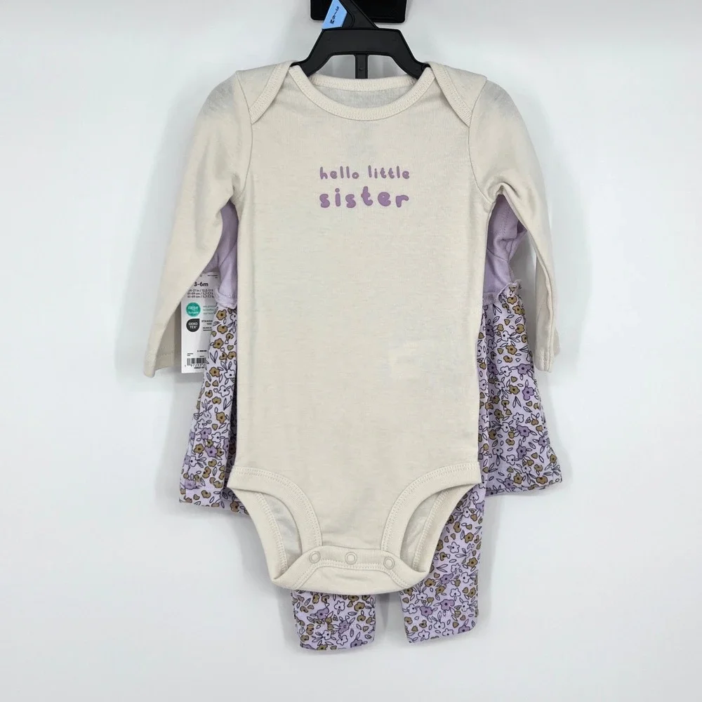 Carter's Child of Mine 3pc Set Baby Girl 3-6M Purple‎ Floral Hello Little Sister